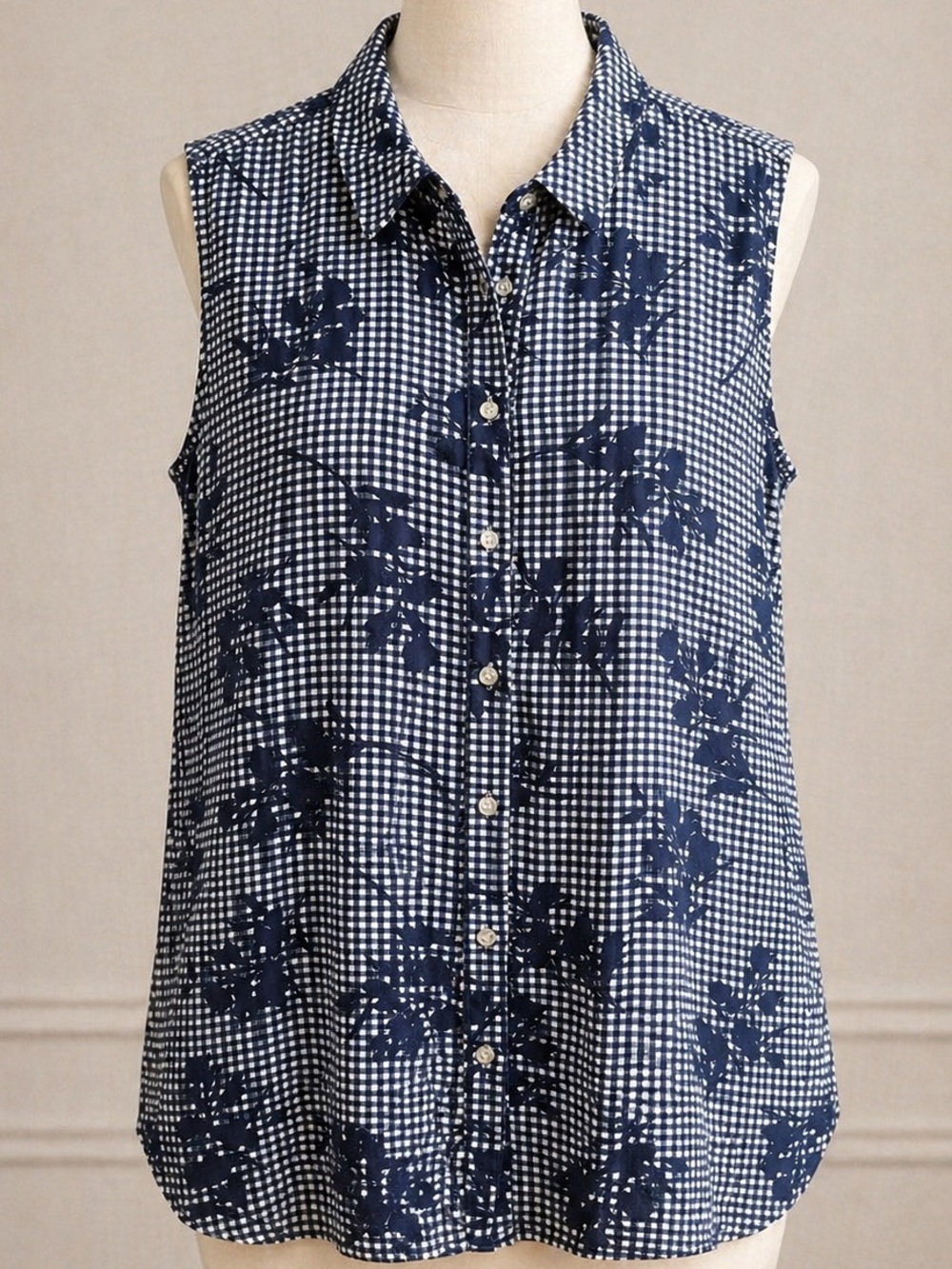 Westport Navy and White Gingham Floral Sleeveless Button-Up Top